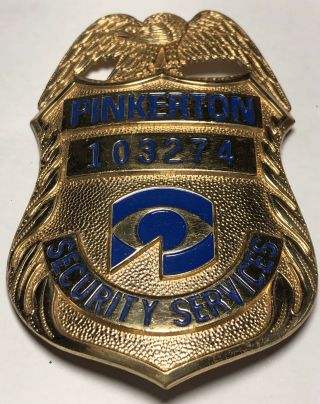Vintage Pinkerton Security Services Metal Badge Obsolete Gold Tone 103274
