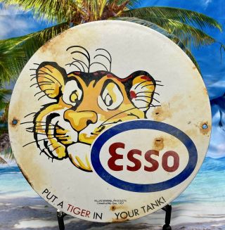 Old Vintage 1957 Esso Tiger Porcelain Sign Gas Pump Oil Battery Tank King