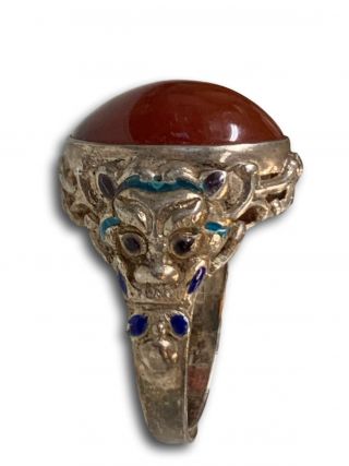 Vintage Chinese Export Ring Carnelian Sterling Silver Ornate Enamel Dragon Sz 9