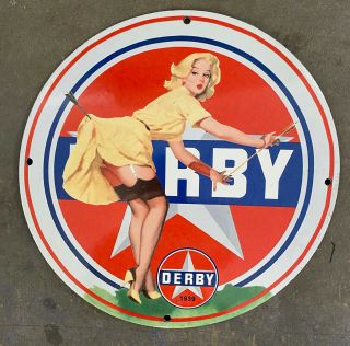1939 Vintage Derby Gasoline Heavy Porcelain Gas & Oil Sign 12”