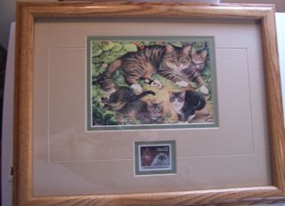 Tabby Cat And Kittens Print With 22 Cent Cat U.  S.  Postal Stamp Oak Framed