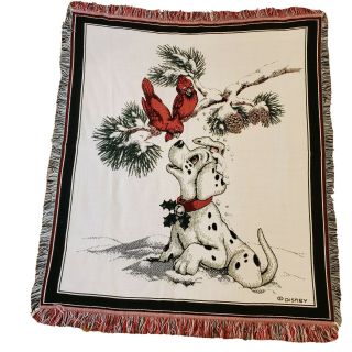 Vintage Disney 101 Dalmatians Woven Throw Fringe Blanket Snow Cardinal 60x50