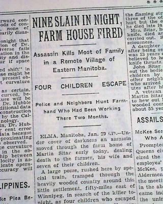 Sitar Family Murders Elma Manitoba Farmhand Axe Killer " Devil " 1932 Newspaper