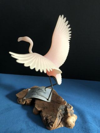 John Perry Pink Flamingo Sculpture On Burl Wood Marked Vintage 82 Open Wings