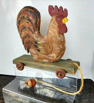 Chicken Rooster Wood Hen On Cart W/wheels Distress Farm House Home House Décor