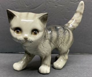 Vintage Goebel Porcelain Grey Tabby Cat Kitten Figurine W.  Germany Kitty