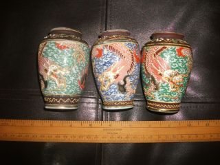 Pair And Single Japanese Satsuma Vases Dragons 9.  5 Cm