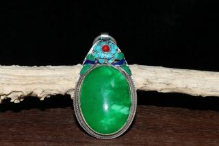 Chinese Old Craft Made Old Tibetan Silver Inlaid Green Jade Pendant