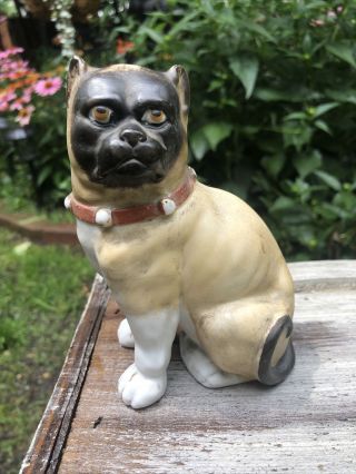 Antique Pug Dog Figurine Wearing Bell Collar,  Large Seated Dog In Bisque Finish