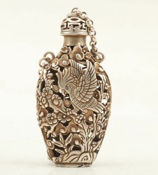Old Chinese Tibetan Silver Hand Carved Bird Crane Statue Cutout Snuff Bottle