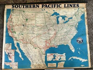 Large Vintage 1952 Wall Mount Southern Pacific Railroad Usa Route Map 39 " X51 "