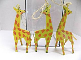 Three (3) Giraffe Safari Christmas Ornaments Metal Hand Painted Rare 3d