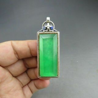 China Old Tibetan Silver Inlaid Green Jade Pendant