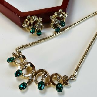 Vintage Crown Trifari Green Rhinestone Gold Plated Necklace/earrings Set