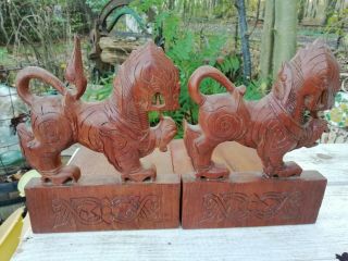 Ornate Antique Chinese Carved Wood Lion Bookends