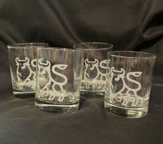 Set Of 4 Merrill Lynch Bull Logo Whiskey Glasses