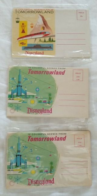 3 Disneyland Tomorrowland 12 Colorful Scenes Foldout Postcards Unsent