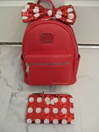 Disney Store Loungefly Minnie Mouse Red White Sequin Bow Mini Backpack Wallet