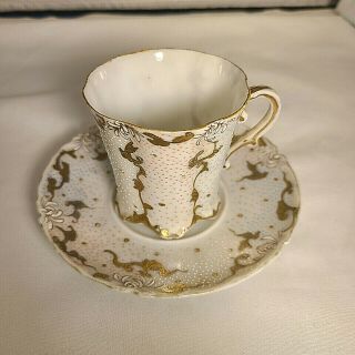 Antique Eggshell Porcelain Gilt Moriage Chrysanthemum Demitasse Cup And Saucer