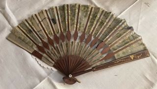 Antique Asian Fan 1910s Wood And Silk Embellished
