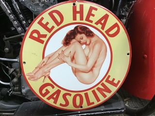 Vintage Porcelain 1930s Red Head Gasoline Pump Sign Ford Harley Chevy Indian