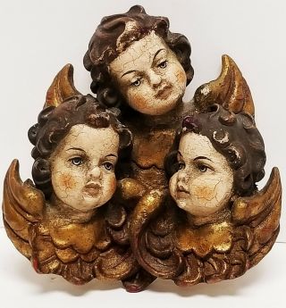 Vintage Hand Carved Painted Wood Cherub Angel Head Trio Anri Wall Hanging