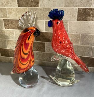 (2) Vintage Art Glass Parrot Bird Figurine Statue Paperweight