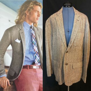 Polo By Ralph Lauren Vtg Brown Herringbone Linen Silk Wool Blazer Sport Coat 44r