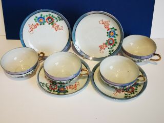 Japanese Eggshell Tea Cups And Saucers,  Blue Floral.  Set Of 4 Cups And Saucers.