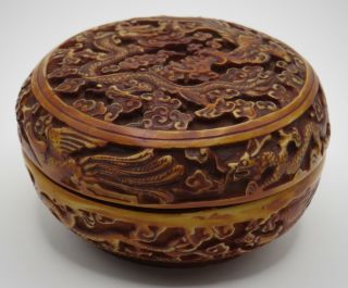 Antique Chinese Dragon Trinket Dish W/lid Hand Carved Cinnabar 3 "