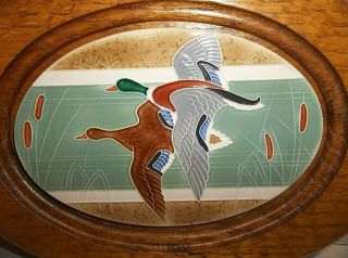 Vintage Enamel Art Tile Mallard Ducks Hand Painted Wood Plaque
