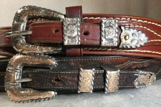 Two Vintage Mexico Sterling Silver 925 & Brass Engraved Belt Buckle Set