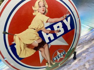 Vintage Derby Gasoline Heavy Porcelain Gas & Oil Sign 12”