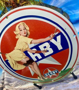 Vintage Derby Gasoline Heavy Porcelain Gas & Oil Sign 12” 3