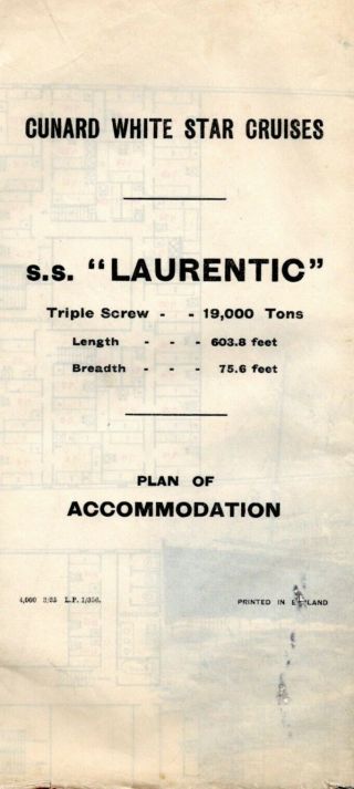 1935 White Star Line Laurentic Deck Plan For First & Second Classes W/ Interiors