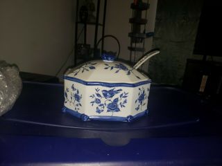Chinese Blue And White Porcelain Serving Dish With Spoon.  3 Piece Set.