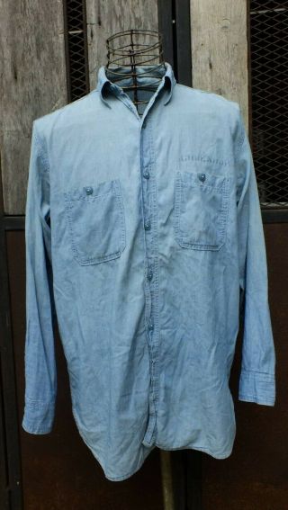 Vintage 1940s Wwii Usn Chambray Stencil Denim Shirt Us Military Size 16.  5