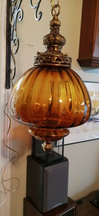 Vtg Mcm Hollywood Regency Amber Glass Hanging Swag Lamp Light