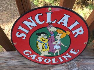 Vintage Sinclair Gasoline Flintstones Heavy Porcelain Gas & Oil Sign 12”