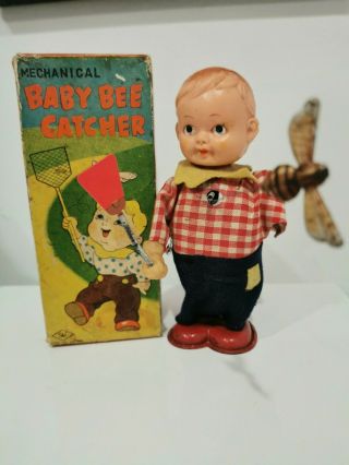 Vintage Japan Wind Up Tin Toy.  Baby Bee Catcher With Box.