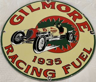 Vintage Gilmore Racing Fuel Gasoline Porcelain Sign Gas Station Motor Oil 1935