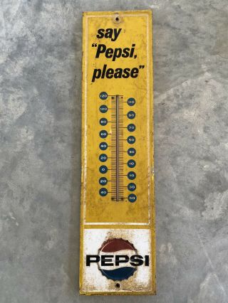 Vintage Say Pepsi Please Bottle Yellow Gas Station Thermometer Sign