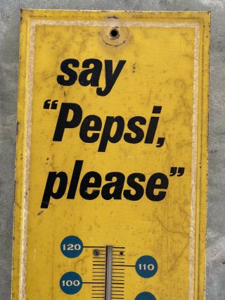 VINTAGE Say Pepsi Please Bottle Yellow Gas Station Thermometer Sign 2