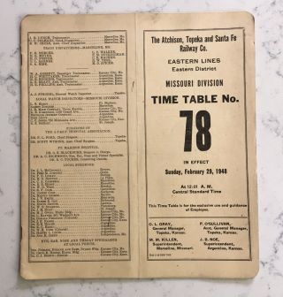 Vintage Railroad Employee Timetable Atchison Topeka & Santa Fe Rr Tt 1948 78