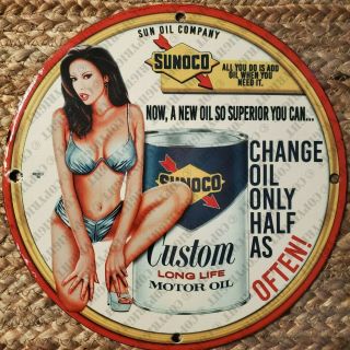 Vintage Porcelain Sunoco Sun Oil Company Long Life Motor Man Cave Garage Sign