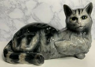 Large Vintage Black And Grey Cat Figurine Green Eyes Ceramic 13” Hand Painted