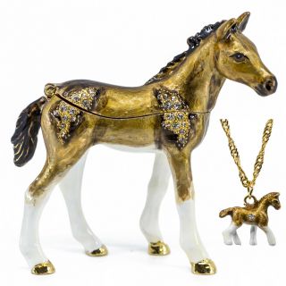 Bejeweled Foal Horse Enameled Pewter Metal Trinket Box W/mini Pendant Necklace