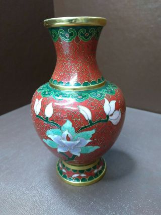 Vintage Chinese Cloisonne Flower Vase Red Gold Floral 6 " Tall