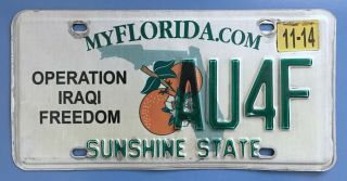 Florida 2014 Operation Iraqi Freedom License Plate,  Au4f,  Military,  Veteran