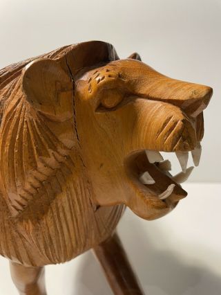 Vintage Large Hand Carved Wood Lion 12” Long X 8 1/2” Tall With Sharp Teeth